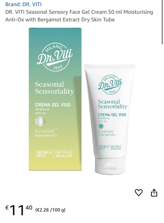 DR. VITI Crema Gel Viso Sensoriale Stagionale 50 ml Idratante Anti-Ox con Estratto di Bergamotto Tubo Pelle Secca