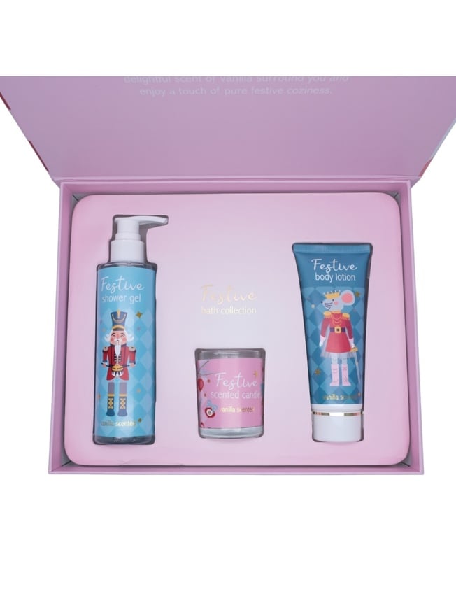 Set cosmetico natalizio: gel doccia (180 ml), candela (6x5 cm), crema corpo (120 ml)