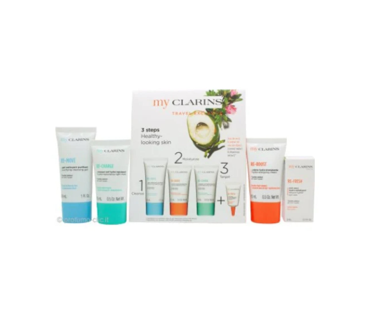 Clarins - Grab And Go Set 30ml Cleansing Gel + 15ml Reboost Cream + 15ml Recharge Mask + 3ml Eye Treatment