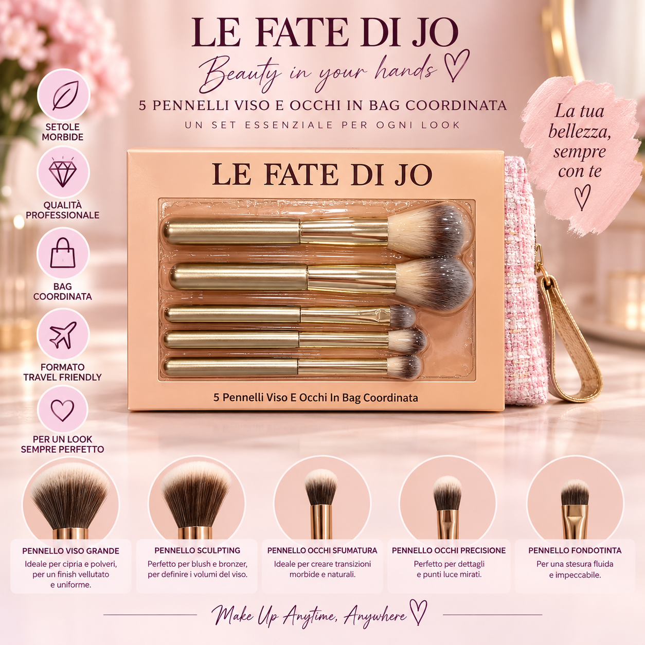 5 Pennelli Viso e Occhi con Beauty Bag – Le Fate di Jo
